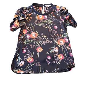 DR2 Black Multicolor Floral Short Gathered Sleeve Satin Feel Women XS EUC